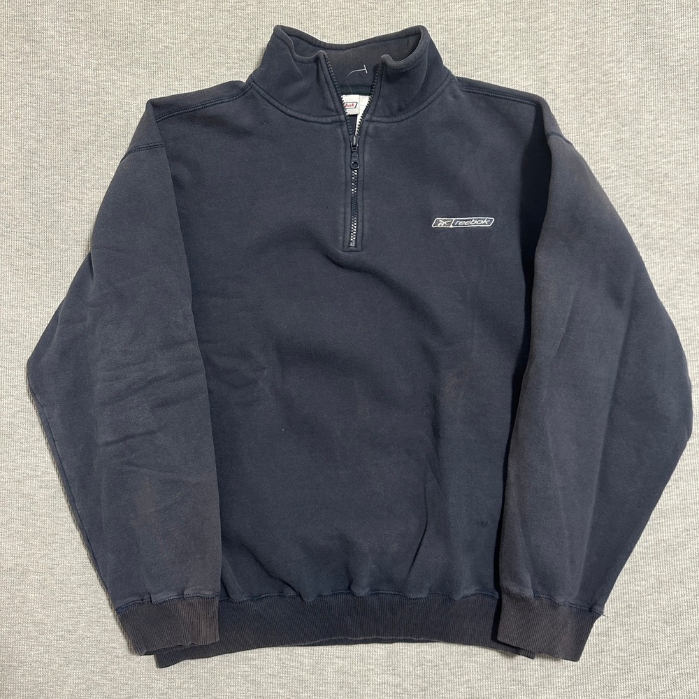 Reebok Mens Size XL Navy Blue Quarter Zip Pullover Fleece Sweatshirt Y2K Logo